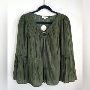 Oddy Olive Green Striped Bell Sleeve V-Neck Blouse Size Small NWT